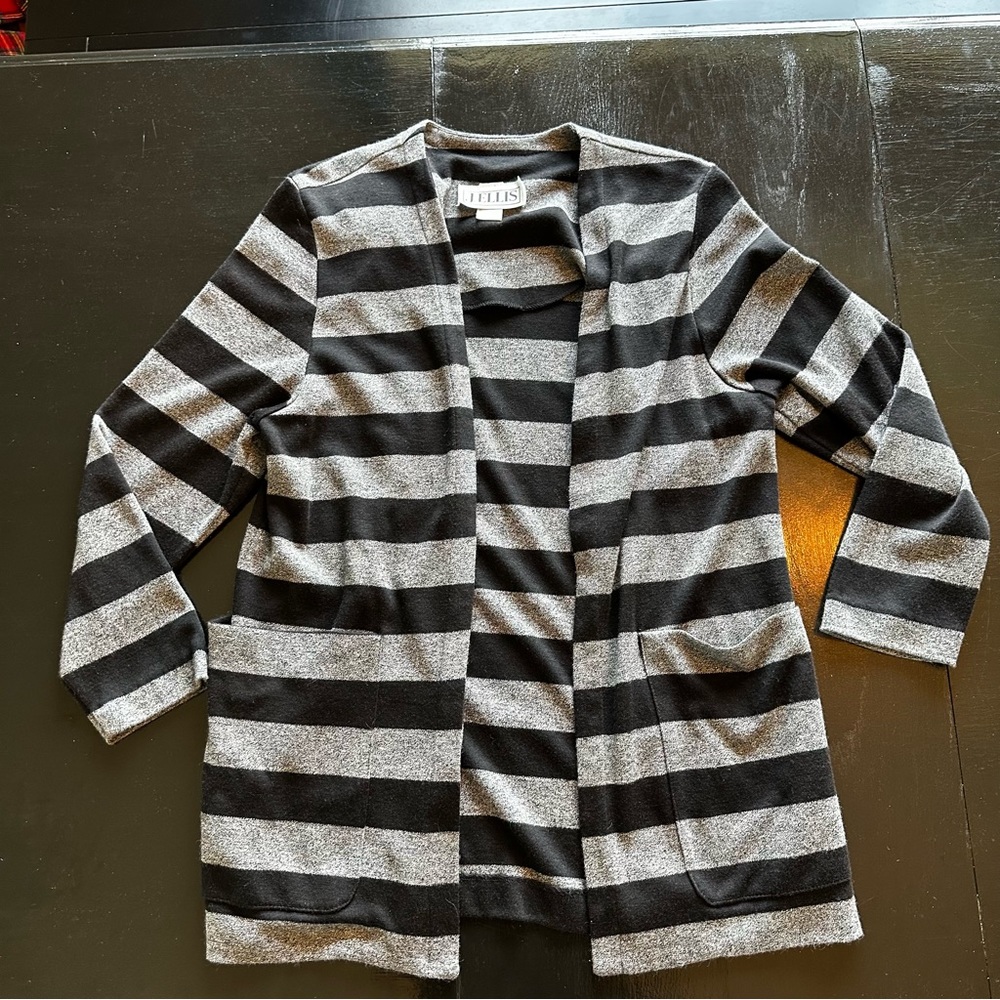 Vintage J. Ellis Black Gray XL Striped Made in USA Cardigan Plain Basic Staple